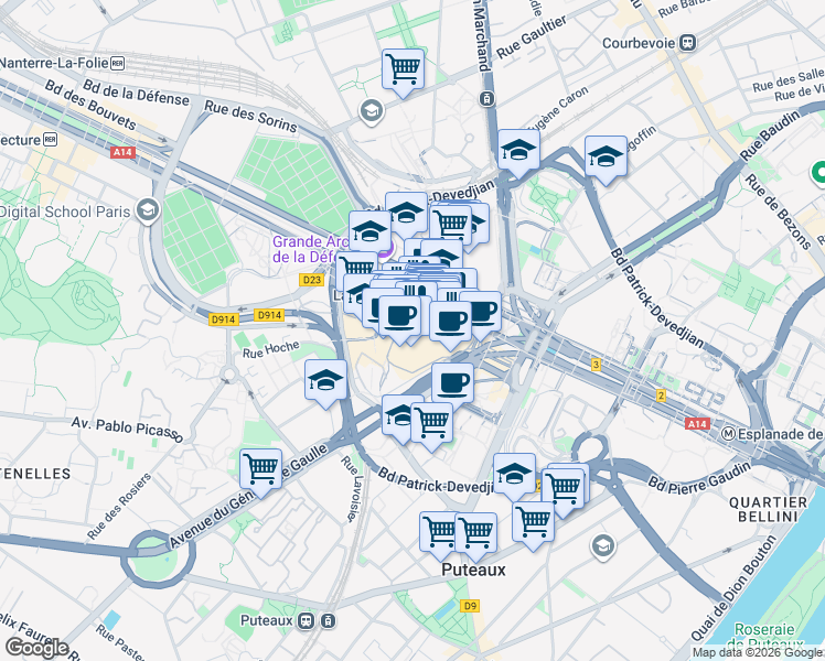 map of restaurants, bars, coffee shops, grocery stores, and more near 15 Parvis de la Défense in Puteaux