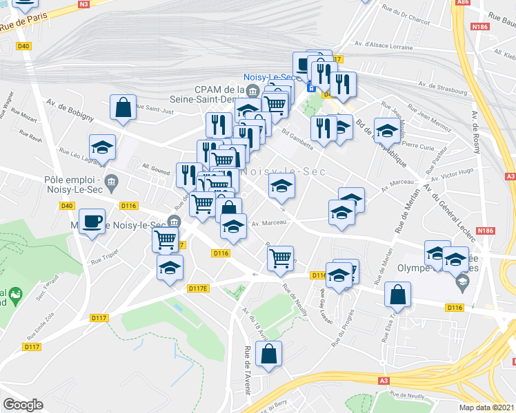 map of restaurants, bars, coffee shops, grocery stores, and more near 35 Rue Pierre Brossolette in Noisy-le-Sec