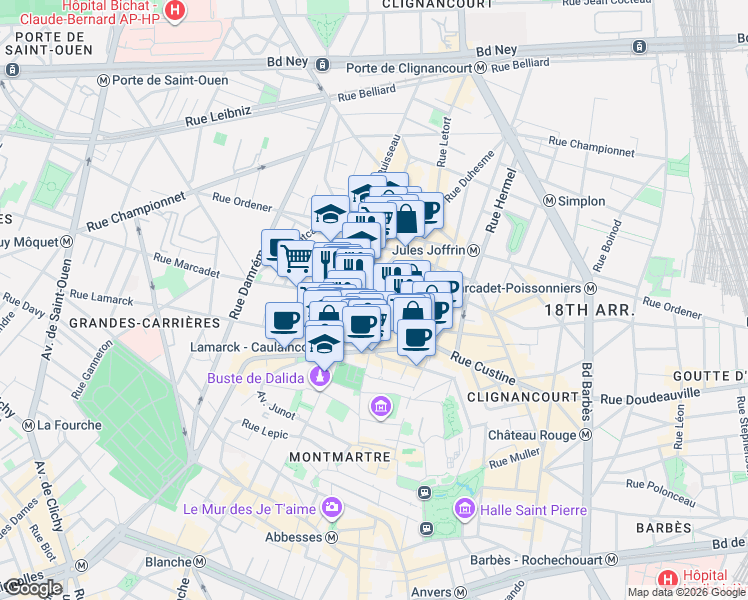 map of restaurants, bars, coffee shops, grocery stores, and more near 89 Rue des Saules in Paris