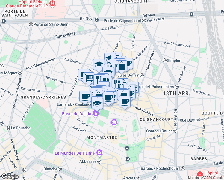 map of restaurants, bars, coffee shops, grocery stores, and more near 101 Rue des Saules in Paris