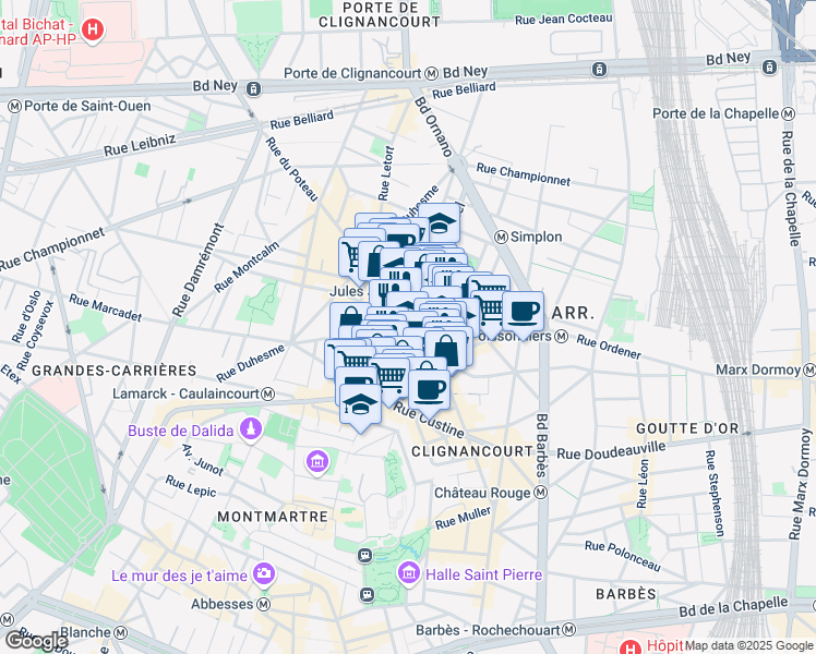map of restaurants, bars, coffee shops, grocery stores, and more near 29 Rue Hermel in Paris