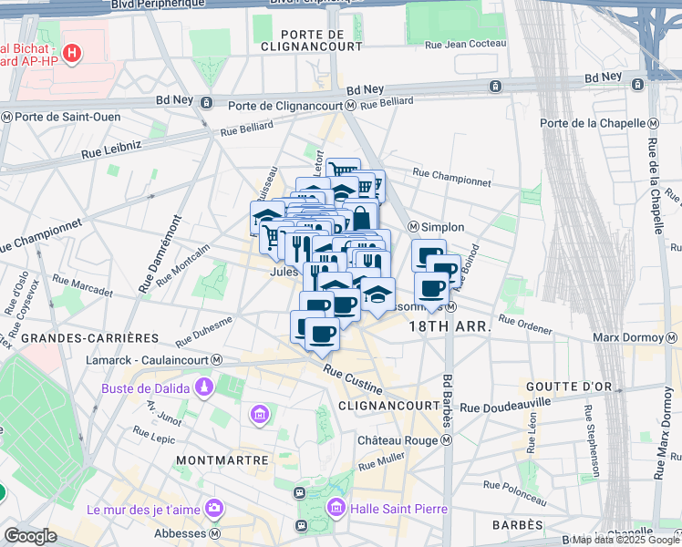 map of restaurants, bars, coffee shops, grocery stores, and more near in Paris