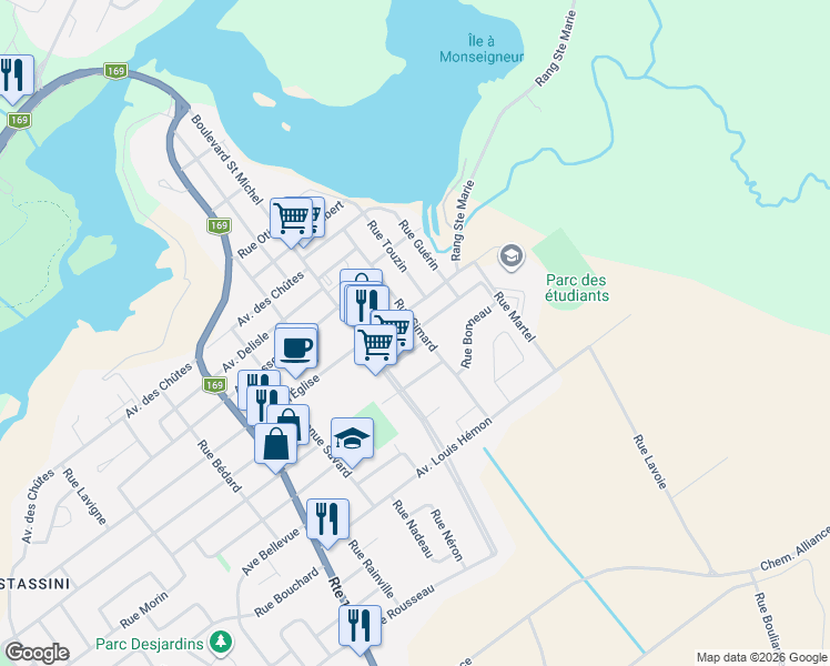 map of restaurants, bars, coffee shops, grocery stores, and more near 58 B Rue Simard in Dolbeau-Mistassini
