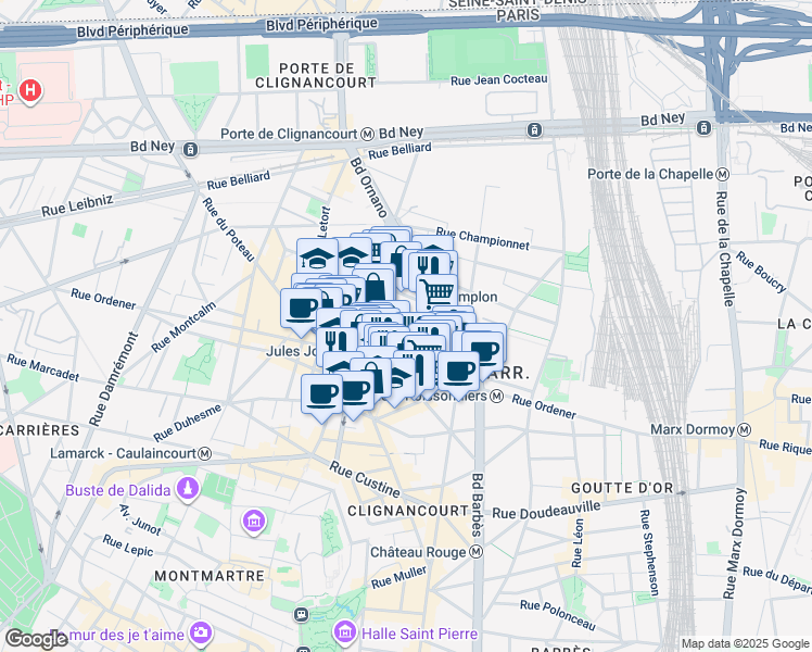 map of restaurants, bars, coffee shops, grocery stores, and more near 1 Square de Clignancourt in Paris
