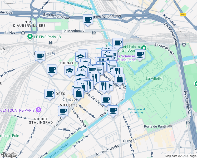 map of restaurants, bars, coffee shops, grocery stores, and more near 146 Avenue de Flandre in Paris