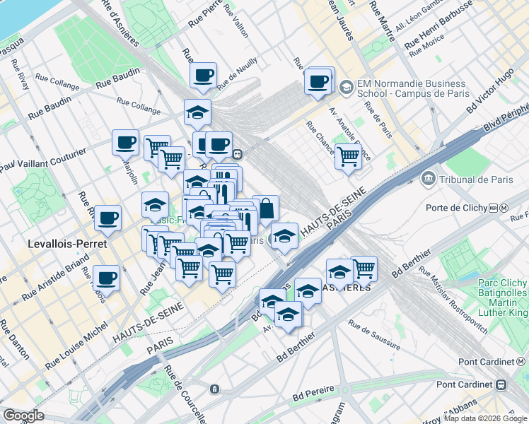 map of restaurants, bars, coffee shops, grocery stores, and more near 10 Rue Jules Verne in Levallois-Perret