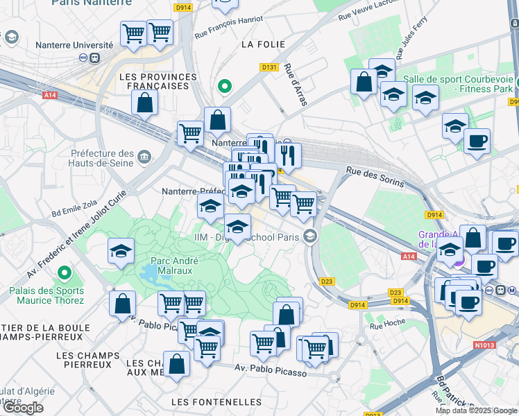 map of restaurants, bars, coffee shops, grocery stores, and more near Rue des 3 Fontanot in Nanterre