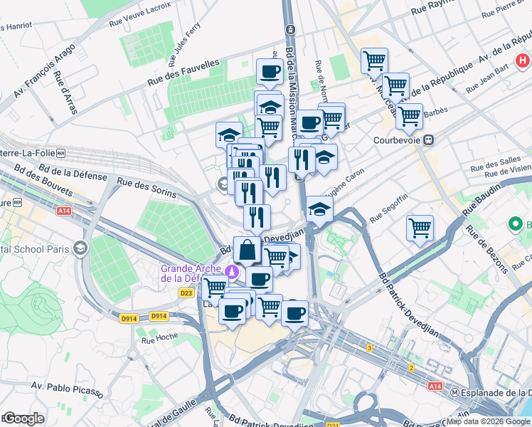 map of restaurants, bars, coffee shops, grocery stores, and more near 9 Rue François Rabelais in Courbevoie