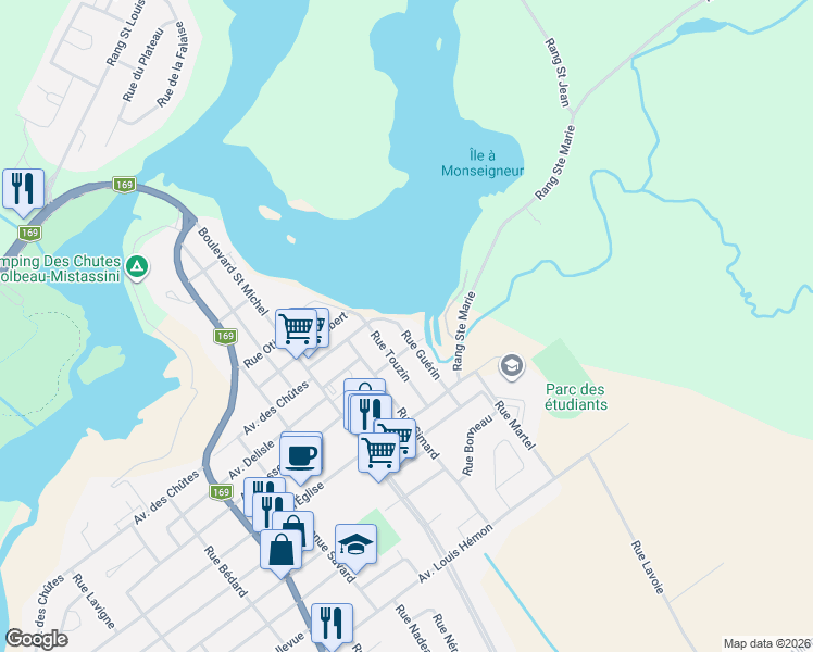map of restaurants, bars, coffee shops, grocery stores, and more near 25a Rue Guérin in Dolbeau-Mistassini