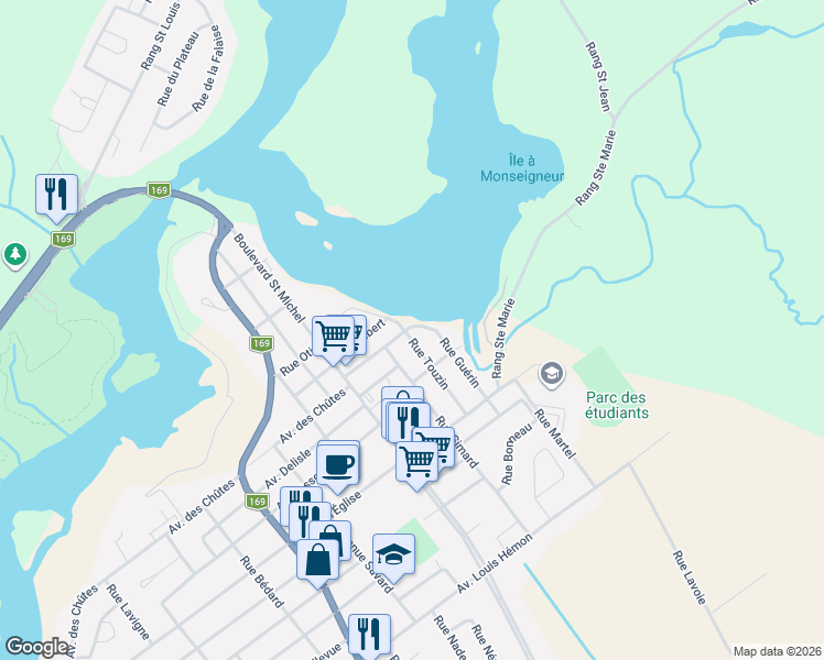 map of restaurants, bars, coffee shops, grocery stores, and more near 13 Rue Touzin in Dolbeau-Mistassini