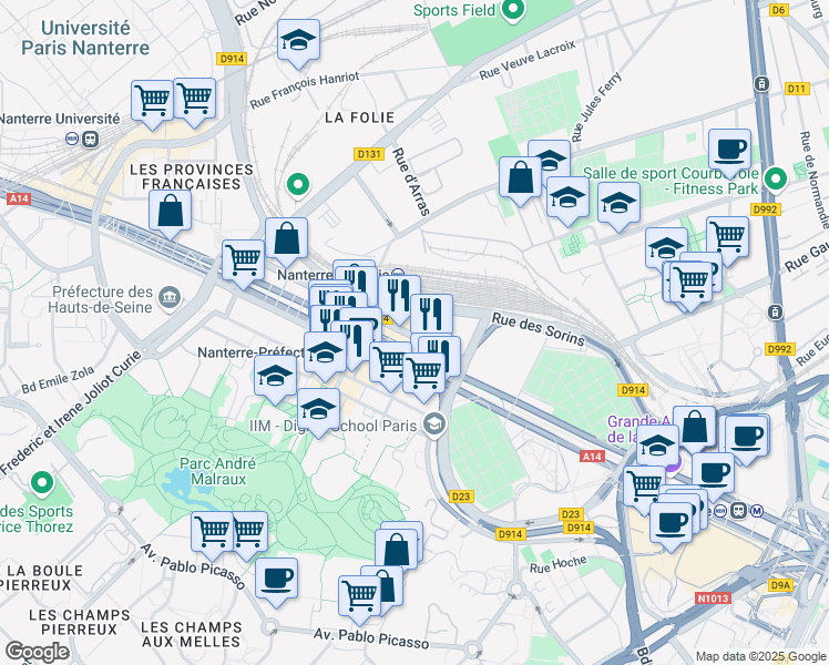 map of restaurants, bars, coffee shops, grocery stores, and more near 35 Boulevard des Bouvets in Nanterre
