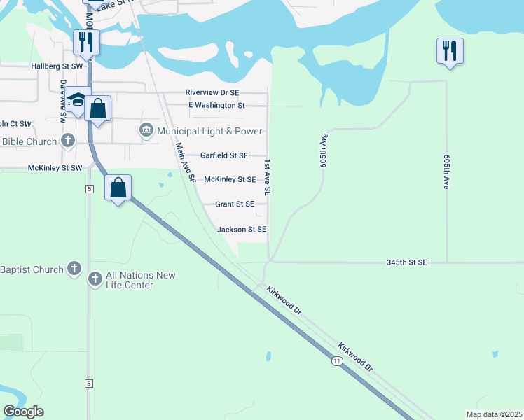 map of restaurants, bars, coffee shops, grocery stores, and more near 610 Grant Street Southeast in Warroad