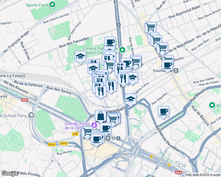 map of restaurants, bars, coffee shops, grocery stores, and more near 9 Rue François Rabelais in Courbevoie