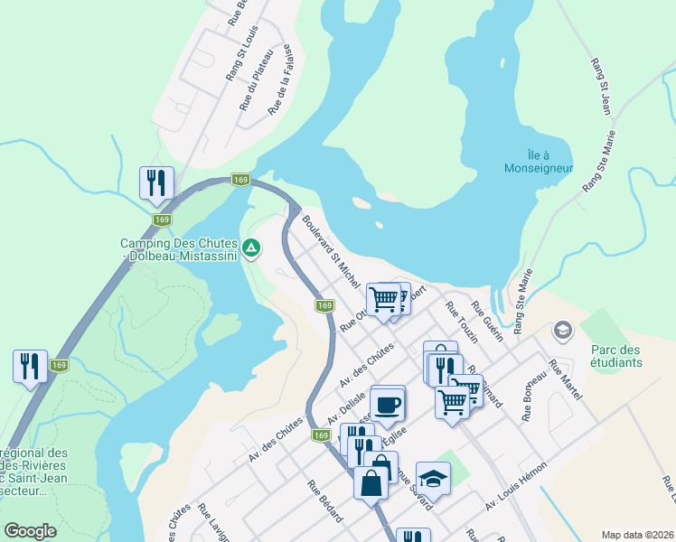 map of restaurants, bars, coffee shops, grocery stores, and more near 68 Boulevard Saint Michel in Dolbeau-Mistassini
