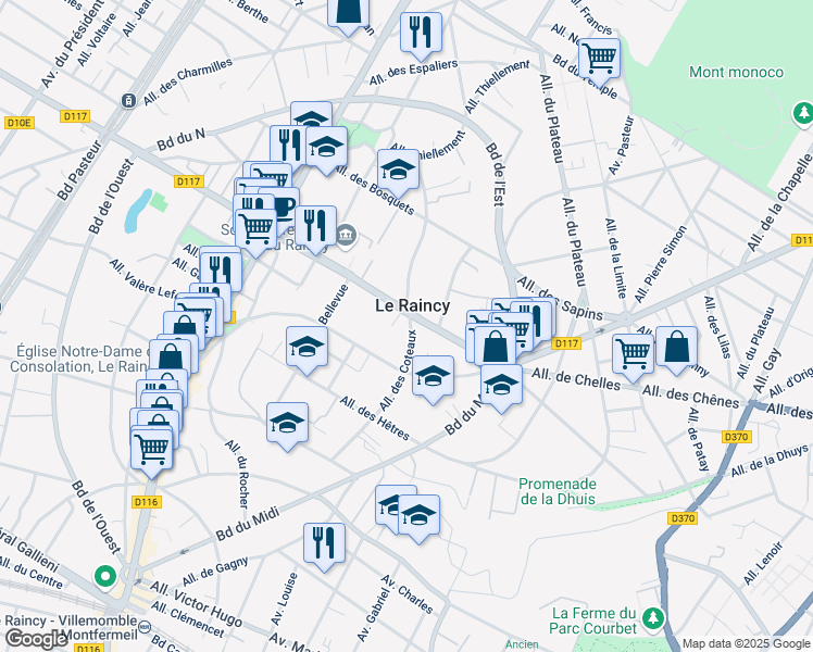 map of restaurants, bars, coffee shops, grocery stores, and more near 33 Allée des Coteaux in Le Raincy