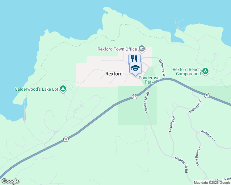 map of restaurants, bars, coffee shops, grocery stores, and more near Highway 37 in Rexford