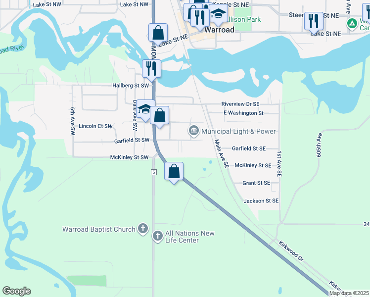 map of restaurants, bars, coffee shops, grocery stores, and more near 206 East Garfield Street in Warroad