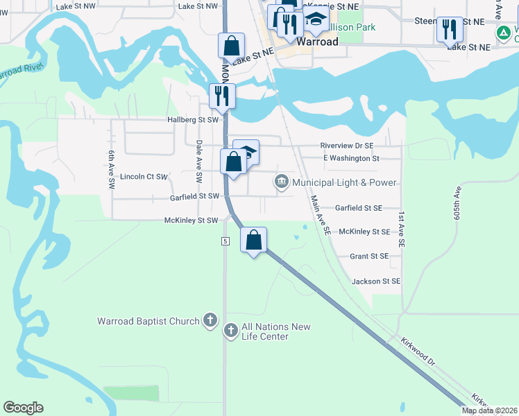 map of restaurants, bars, coffee shops, grocery stores, and more near 206 East Garfield Street in Warroad