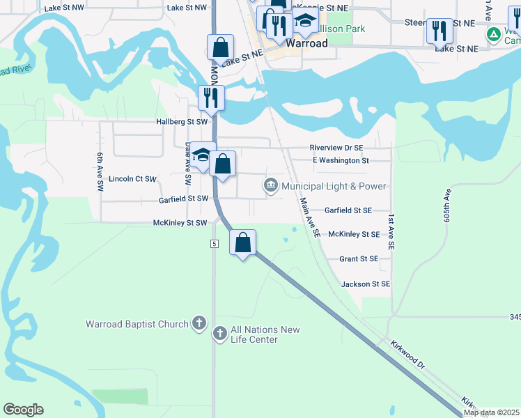 map of restaurants, bars, coffee shops, grocery stores, and more near 206 East Garfield Street in Warroad