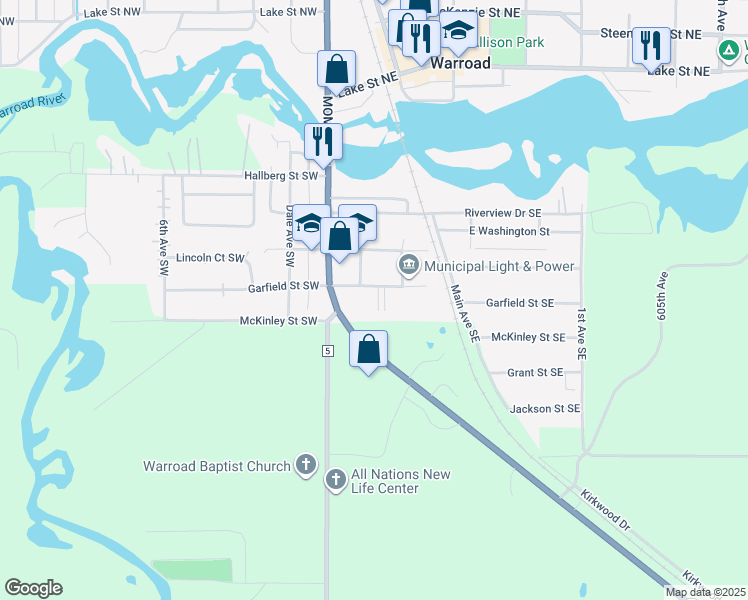 map of restaurants, bars, coffee shops, grocery stores, and more near 206 East Garfield Street in Warroad
