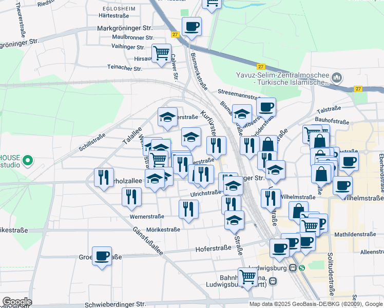 map of restaurants, bars, coffee shops, grocery stores, and more near 10 Kaiserstraße in Ludwigsburg