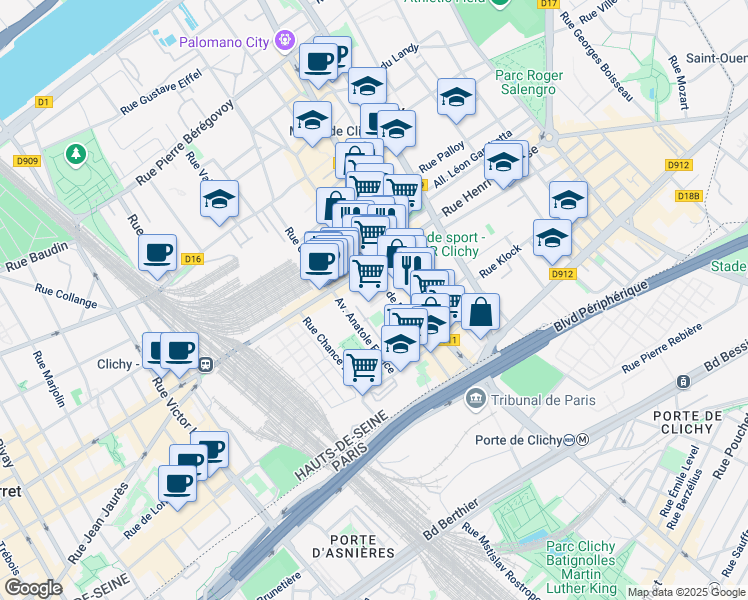 map of restaurants, bars, coffee shops, grocery stores, and more near 12 Cité Nouvelle in Clichy