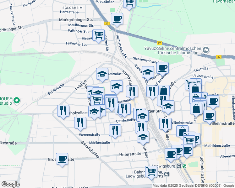 map of restaurants, bars, coffee shops, grocery stores, and more near 10 Kaiserstraße in Ludwigsburg