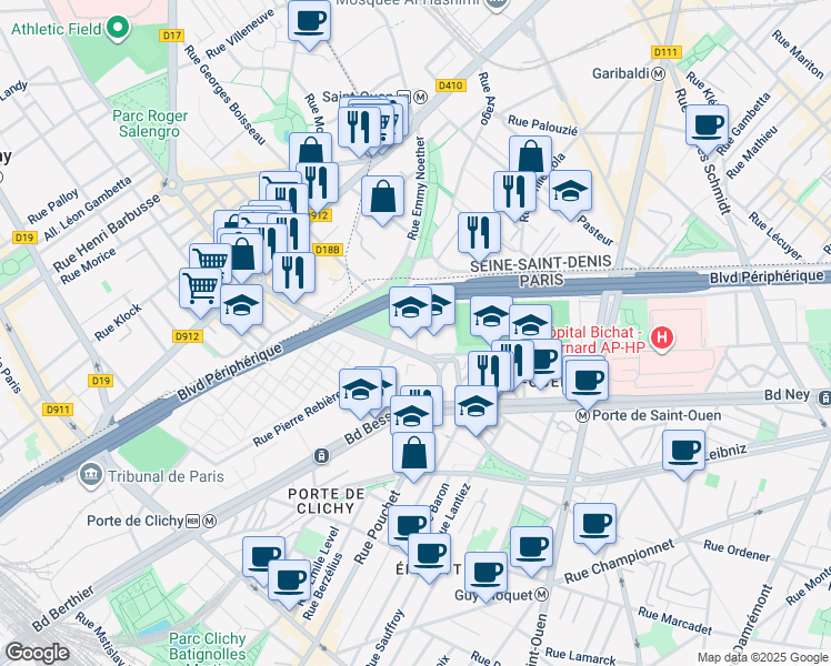 map of restaurants, bars, coffee shops, grocery stores, and more near 9 Rue Émile Borel in Paris