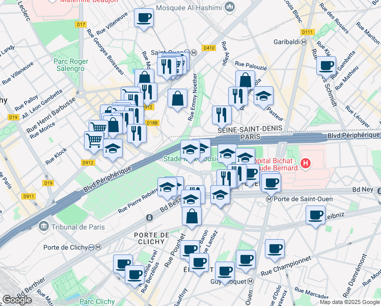 map of restaurants, bars, coffee shops, grocery stores, and more near 9 Rue Émile Borel in Paris