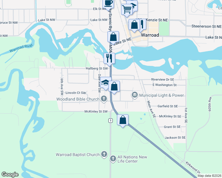 map of restaurants, bars, coffee shops, grocery stores, and more near 307 State Avenue in Warroad
