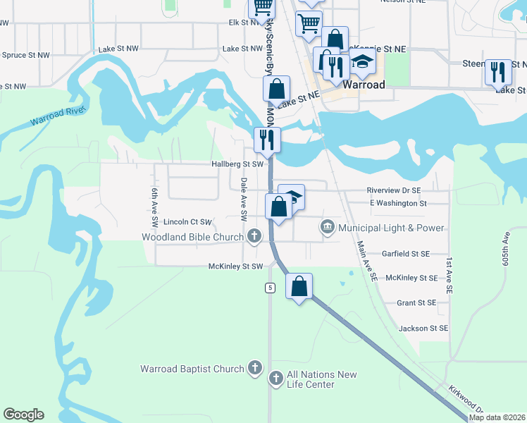map of restaurants, bars, coffee shops, grocery stores, and more near 307 State Avenue in Warroad