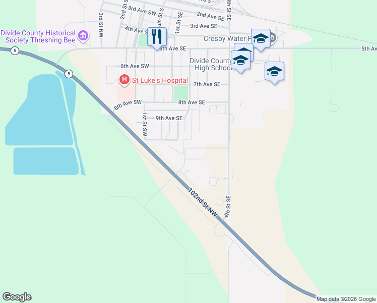 map of restaurants, bars, coffee shops, grocery stores, and more near 202 10th Avenue Southeast in Crosby
