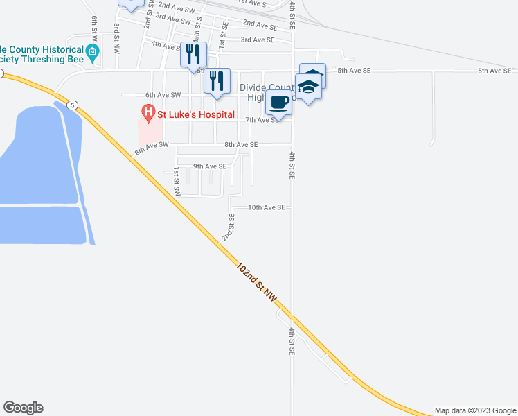 map of restaurants, bars, coffee shops, grocery stores, and more near 12120 North Dakota 5 in Crosby