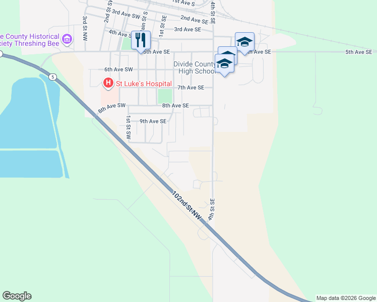 map of restaurants, bars, coffee shops, grocery stores, and more near 12120 North Dakota 5 in Crosby