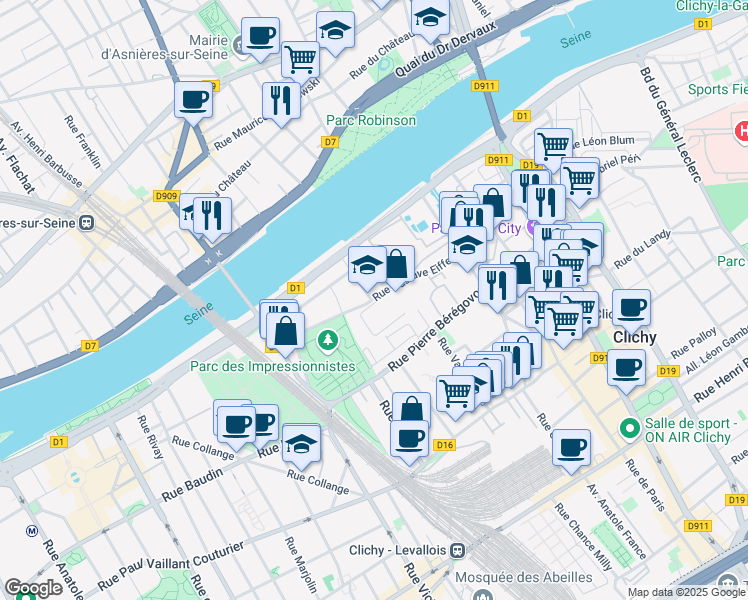 map of restaurants, bars, coffee shops, grocery stores, and more near 8 Rue Gustave Eiffel in Clichy