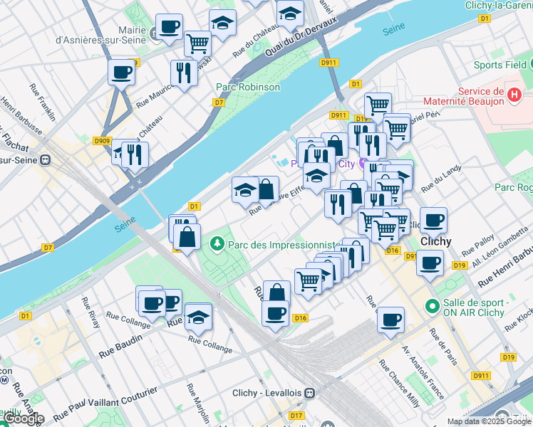 map of restaurants, bars, coffee shops, grocery stores, and more near 8 Rue Gustave Eiffel in Clichy