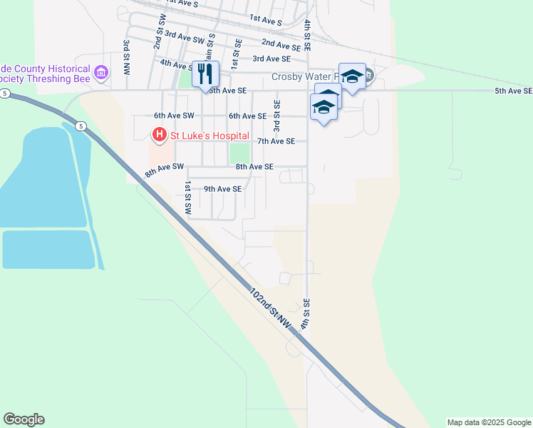 map of restaurants, bars, coffee shops, grocery stores, and more near 12120 North Dakota 5 in Crosby