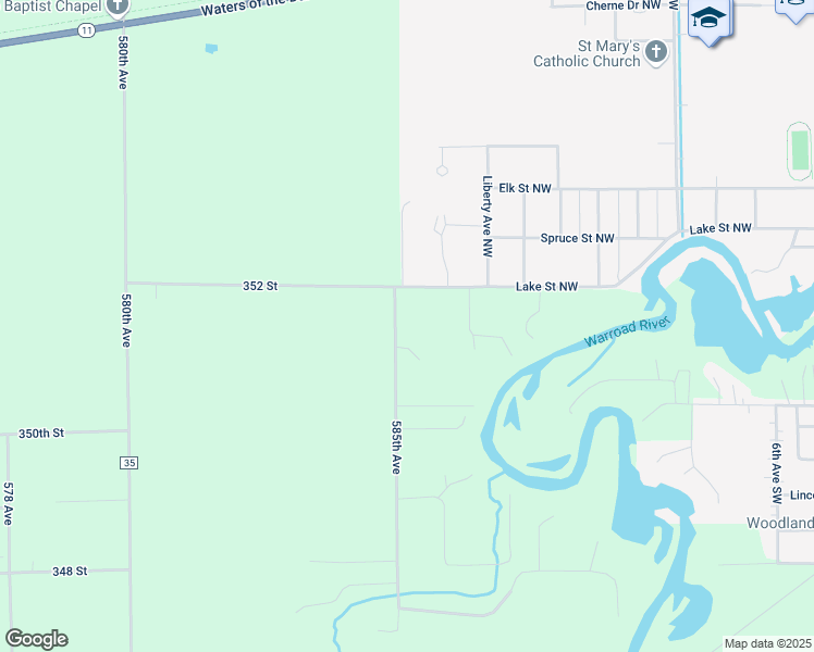 map of restaurants, bars, coffee shops, grocery stores, and more near 35230 585th Avenue in Warroad