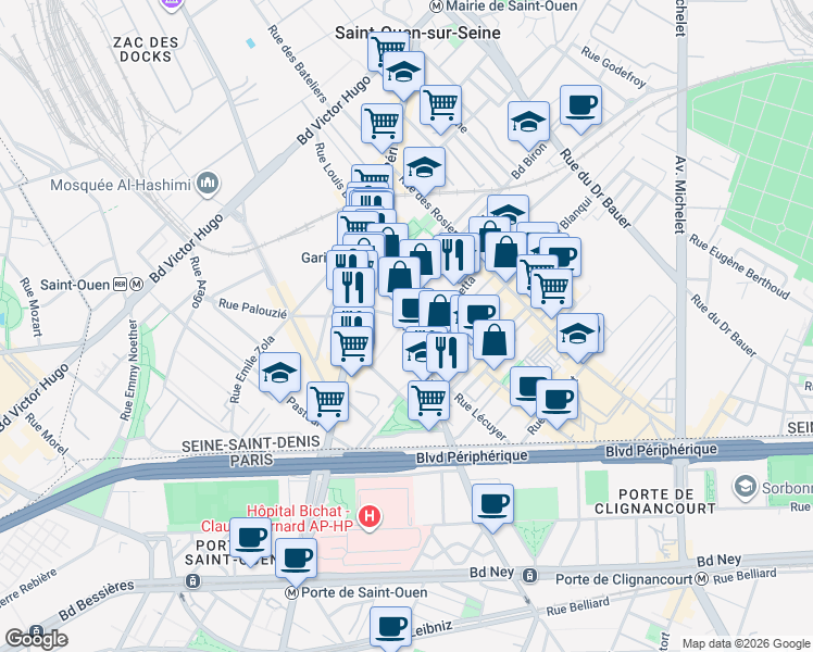 map of restaurants, bars, coffee shops, grocery stores, and more near Rue Charles Schmidt in Saint-Ouen