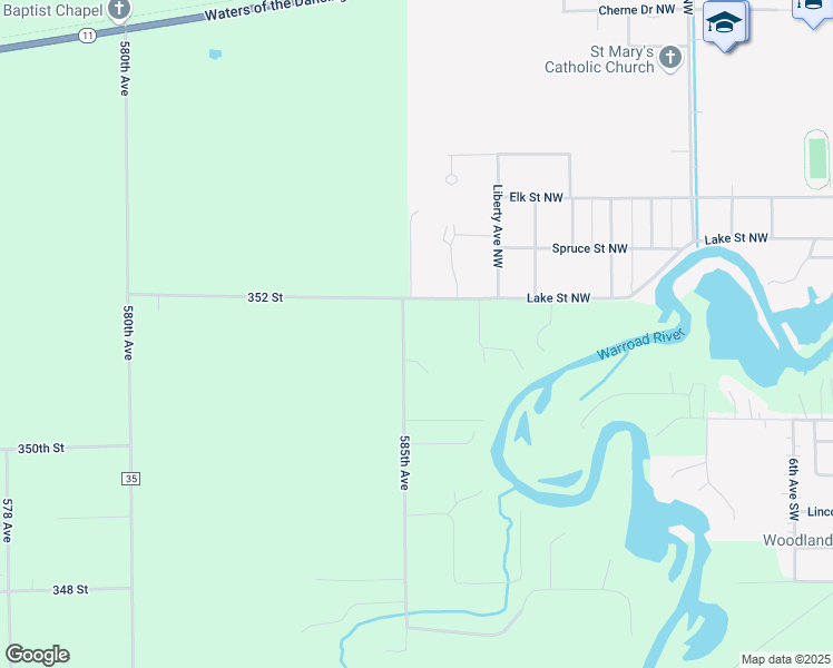 map of restaurants, bars, coffee shops, grocery stores, and more near 35230 585th Avenue in Warroad