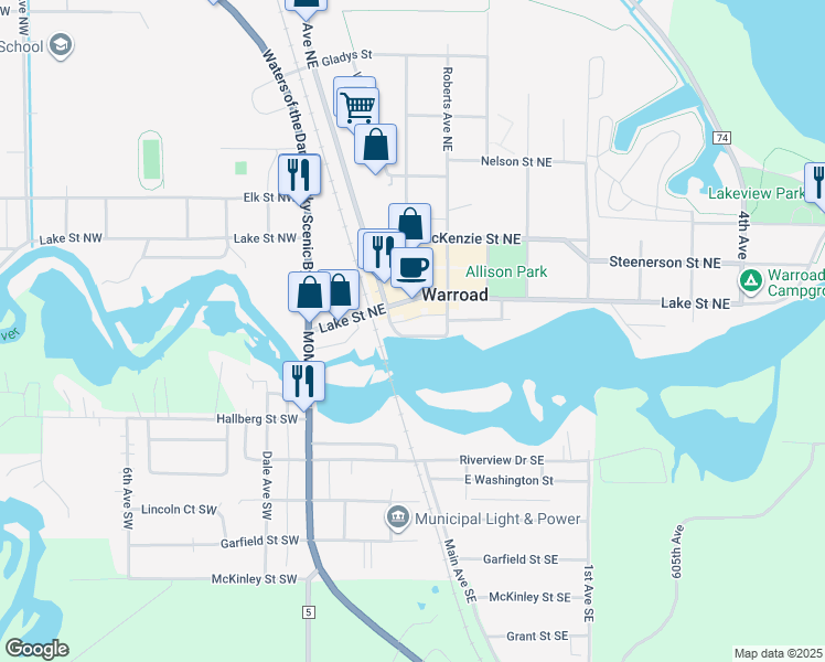 map of restaurants, bars, coffee shops, grocery stores, and more near 411 River Street Northeast in Warroad