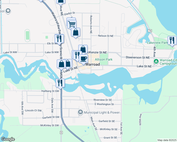 map of restaurants, bars, coffee shops, grocery stores, and more near 411 River Street Northeast in Warroad