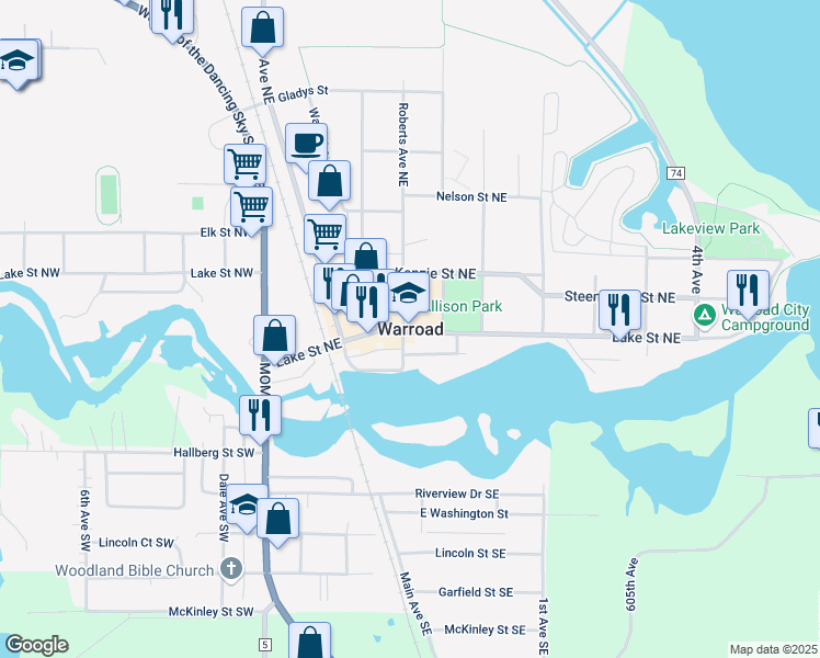 map of restaurants, bars, coffee shops, grocery stores, and more near in Warroad