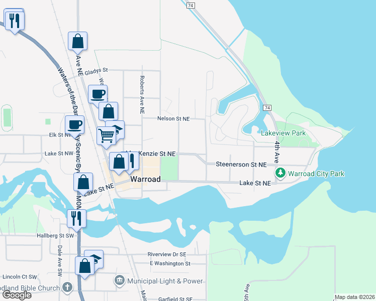 map of restaurants, bars, coffee shops, grocery stores, and more near 703 Mackenzie Street Northeast in Warroad