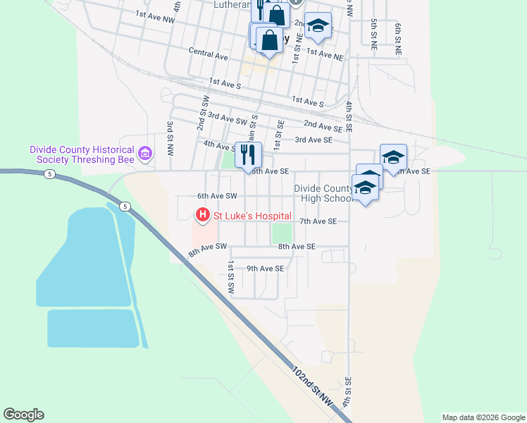 map of restaurants, bars, coffee shops, grocery stores, and more near 601-699 Main Street South in Crosby
