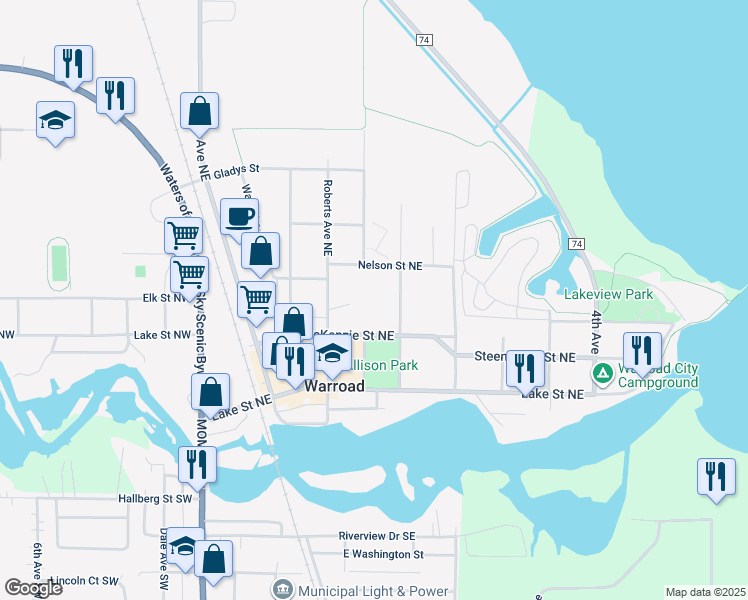 map of restaurants, bars, coffee shops, grocery stores, and more near 217 Virginia Avenue Northeast in Warroad