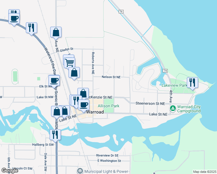 map of restaurants, bars, coffee shops, grocery stores, and more near 217 Virginia Avenue Northeast in Warroad