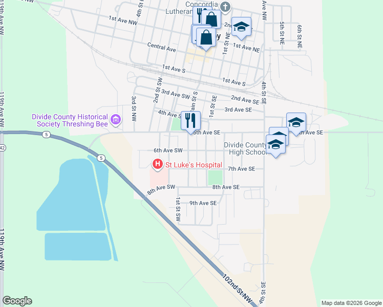 map of restaurants, bars, coffee shops, grocery stores, and more near 601 Main Street South in Crosby
