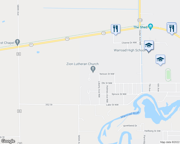 map of restaurants, bars, coffee shops, grocery stores, and more near 1305 Nelson Street Northwest in Warroad