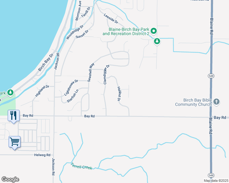 map of restaurants, bars, coffee shops, grocery stores, and more near 7401 Halibut Dr in Blaine